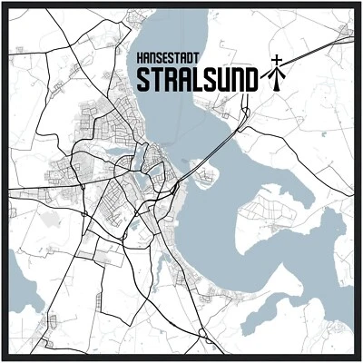 Stralsund Stadtplan 70x70 Stadtposter Kostenloser Versand Gerahmtes Poster Weiß - Bild 1 von 4