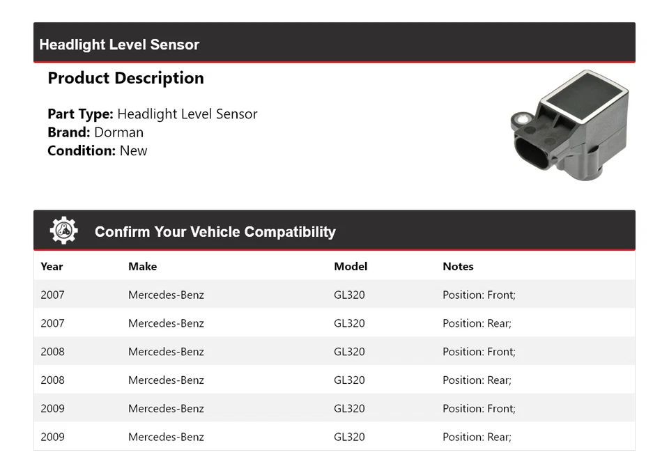 Sensor de nivel de faros Dorman 2008 para Mercedes-Benz GL320 2007-2009 Foto 2 de 4