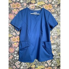 Landau Made Better Stretch Royal Blue V Neck Scrub Top Short Sleeve Pockets LGE