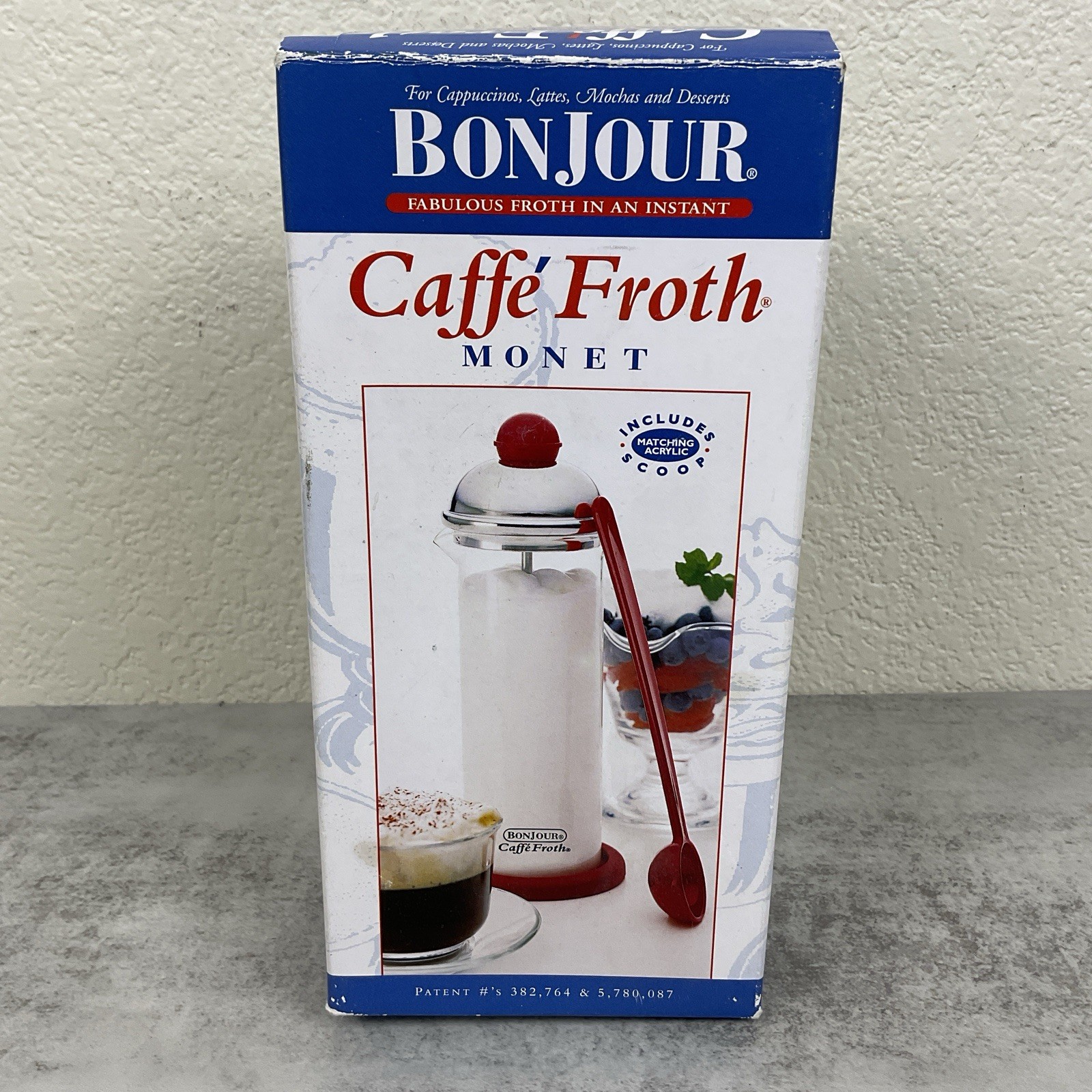 Caffe Froth Milk Frother Hand Pump Glass Monet w Lid & Box Black