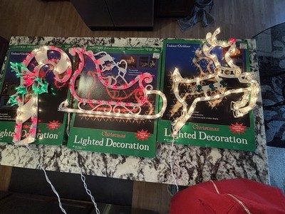 3Vintage Impact Plastic Christmas Lighted Decoration Set Candy Cane Santa Deer