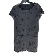 Max Jeans Denim Dress XS Gray Stars Short Sleeve Pockets Scoop Neck Grunge Y2K