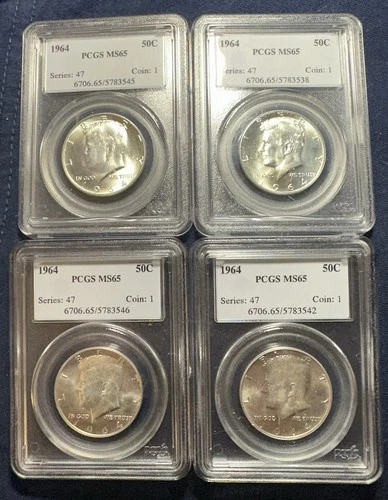 Lot of (4) 1964 Kennedy 50c Half Dollars 90% Silver PCGS MS65 (D)