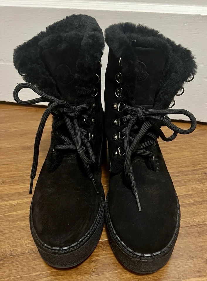 Moncler Cuero Gamuza Piel de oveja Botas de Combate Negras EU38 US7 Mujer Suela de Goma Foto 4 de 4