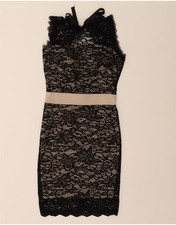 VINTAGE Womens Sleeveless Lace Bodycon Dress UK 10 Small Black Floral BB03