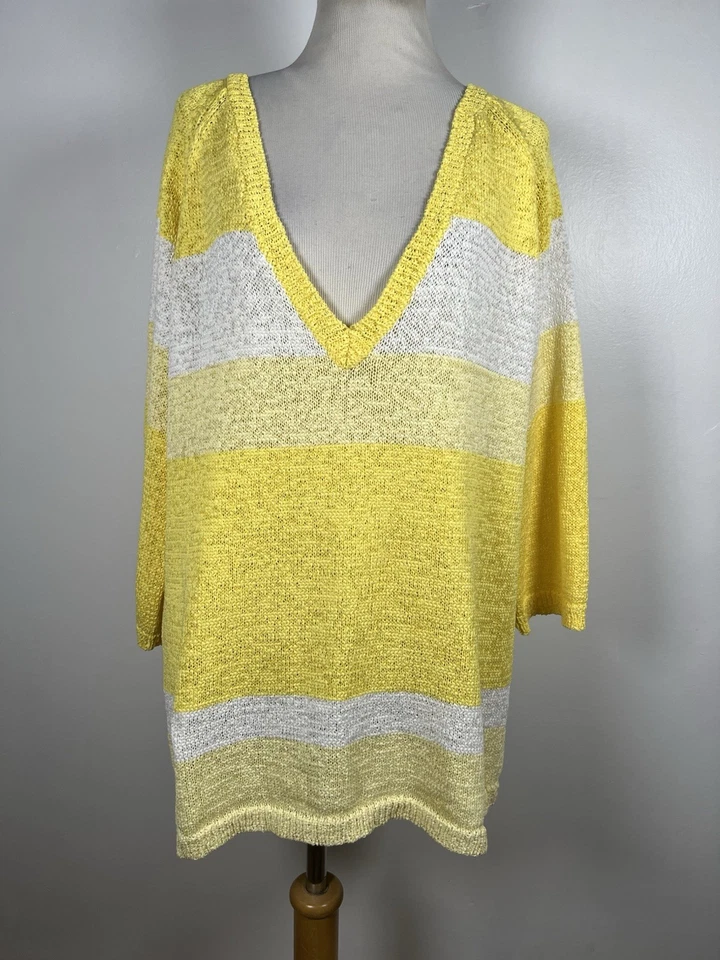 Suéter Coldwater Creek XL amarelo listra branca gola V manga 3/4 túnica feminina W2 - Imagem 2 de 4