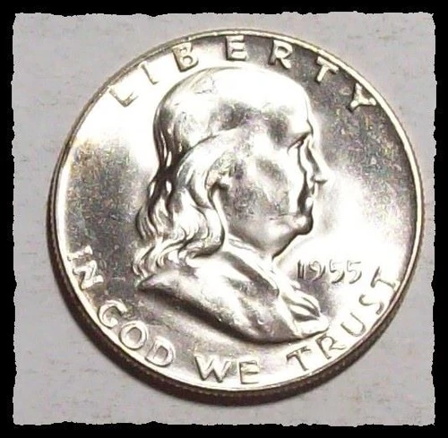 1955 FRANKLIN HALF DOLLAR  Blast White TONE Choice BU 90% FBL #36D17 .900 SILVER