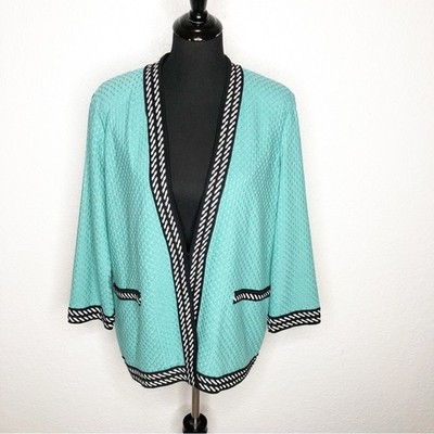 Ming Wang aqua blue green black white striped trim knit jacket size Large