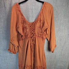 Earthbound Trading Tiered Fairy Dress Womens Medium Embroidered Boho Maxi Orange