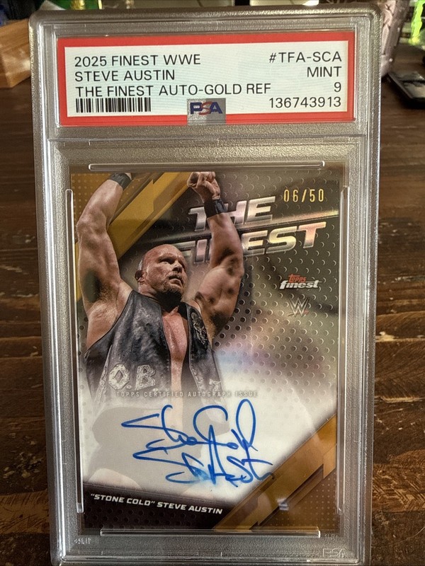 2025 WWE Topps Finest Stone Cold Steve Austin On Card Auto 06/50 GOLD PSA 9