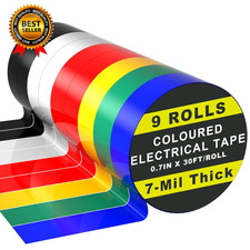 9 Rolls Coloured Electrical Tape - Professional White Black Red