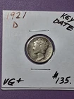 1921-D MERCURY DIME . KEY DATE. VG CONDITION. SCARCE.