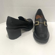 Zodiac Womens Gemma Black Loafers Shoes Block Heal Buckle Faux Leather Sz 7M