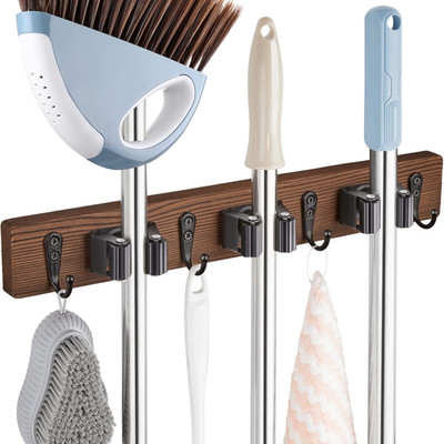 Mop Broom Holder Wall Mount with 3 Slots & 4 Hooks - Wood Broom Mop Hanger for P