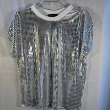 INC International Concepts Sequin Mesh Top Silver Shimmer Party Blouse L Holiday