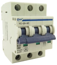 YuCo YC-25-3C Miniature Din Rail Circuit Breaker C-Curve 25-Amp 3P 480VAC 220VDC
