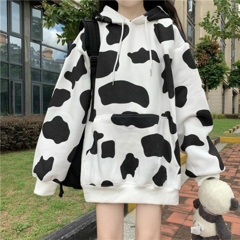 Hoodie Tops Oversized Lady Sweatshirt Cow Print Women Autumn Winter Thick  Female