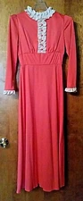 FORMAL DRESS VINTGE 1973 PEACH LORRIE DEB OFF WHITE RUFFLE NECK CUFFS ILGWU BOW.