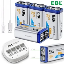 EBL 600mAh 9V Rechargeable Batteries 9 Volt Lithium / 9V Optional Charger Lot