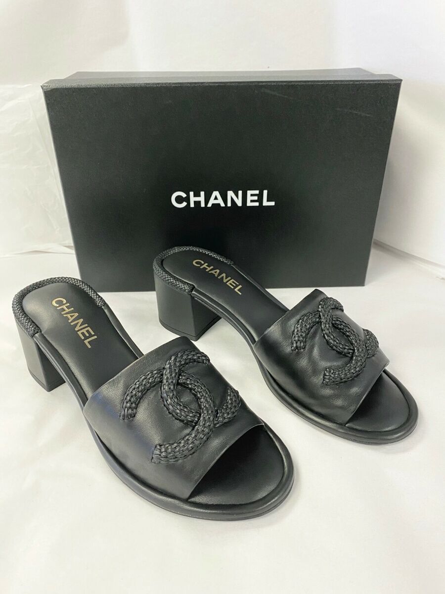 CHANEL Black Braided CC Block Heel Mule Lambskin Leather CHANEL Black Braided CC Block Heel Mule Lambskin Leather