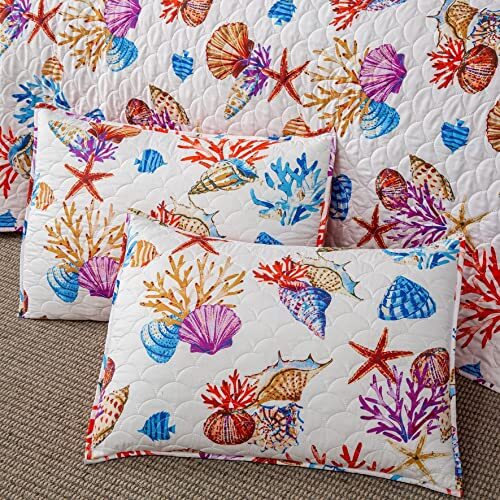 3 Pieces Quilt Set Size Ocean Theme Coastal Bedspread with 2 King Seashell - Picture 6 of 7