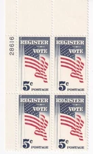 STAMP US SCOTT 1249 "Register Vote" 5 CENT 1964 MNH PB OF 4 UL - F