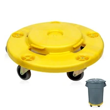 MaxWorks 50933 Round Trash Can High Visibility Yellow Dolly with 5 Swivel Caster