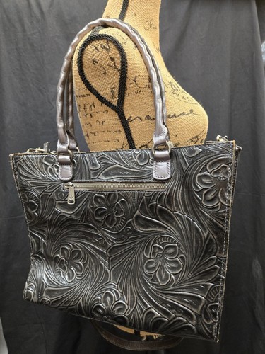Patricia Nash Metallic Tooled Leather Adeline Crossbody/2 Handle Handbag Dk Gray