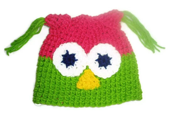 Crochet Owl Hat 3 - 6 Month Baby Girl Pink & Green Photo Prop Hat Handmade - Image 4 of 4