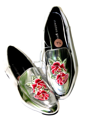 Madden Girl Women Size 7.5 Silver Reflective Rose Embroider Flower Flats Slip On
