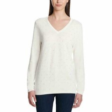 DKNY Jeans Women Rhinestone Embellished VNeck Cotton Sweater Ivory Size Medium