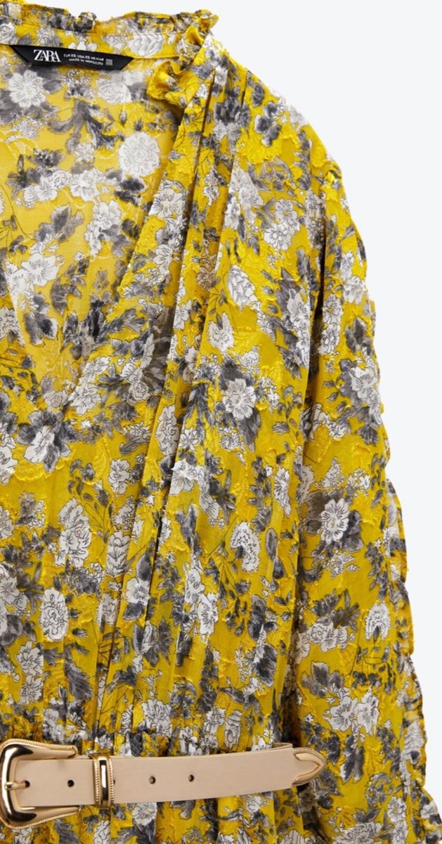 zara yellow long sleeve dress Zara Women Dress Long Sleeve Ruffle V-Neck Floral Printed Yellow Size S NWT  SS22