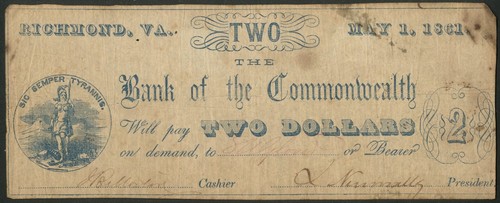 USA - Virginia, Bank of the Commonwealth, 2 Dollar, 1. Mai 1861, sehr guter Zustand