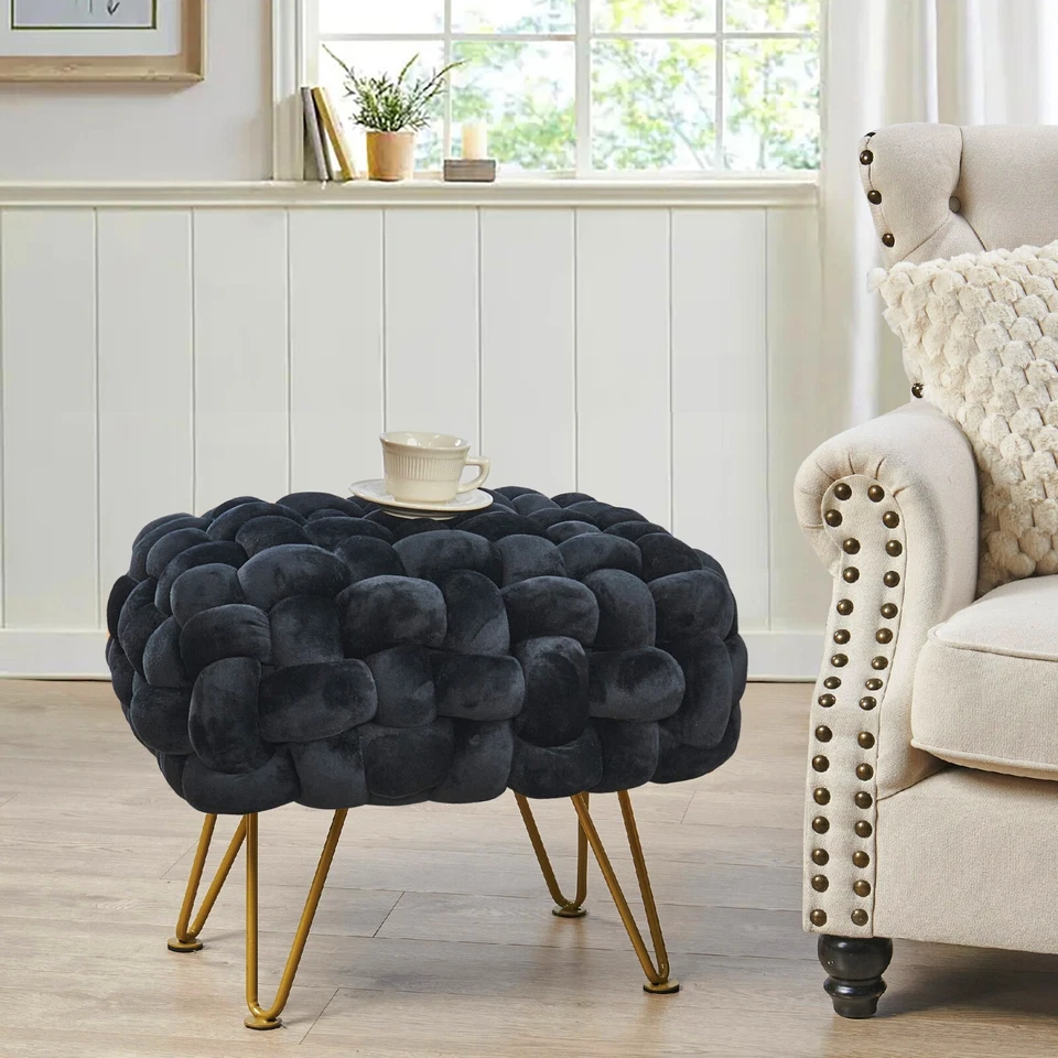 手工编织天鹅绒奥斯曼脚凳现代布夫座椅带金属腿柔软毛绒 — 第 4/4 张图片