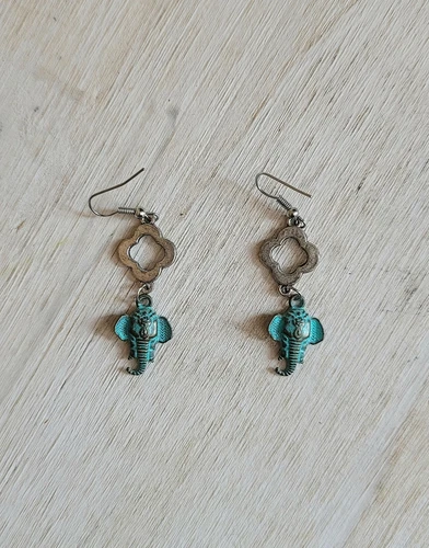 Vintage Earrings Costume Jewelry Handmade Elephants Clover B64