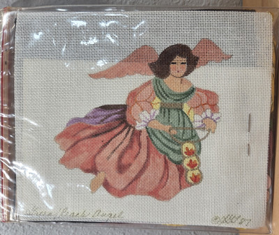 Needlepoint Canvas Joan Thomasson 1987 GREEN PEACH ANGEL Christmas Ornament Kit