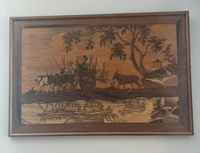 Large VTG Inlaid Rosewood Indian Marquetry   Wood Panel art 25  x37 in