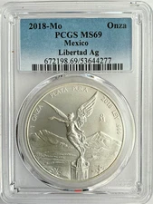2018-Mo Mexico 1 oz Silver Libertad PCGS MS 69. Mintage 300,000