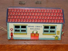 Vintage J Chein Tin Lithographed Service Station Garage with door that Open