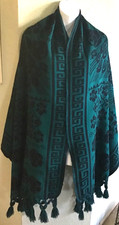 Native American Handmade Lg 80x35 Teal Blk Over Dyed Shawl Wrap Fringe VTG
