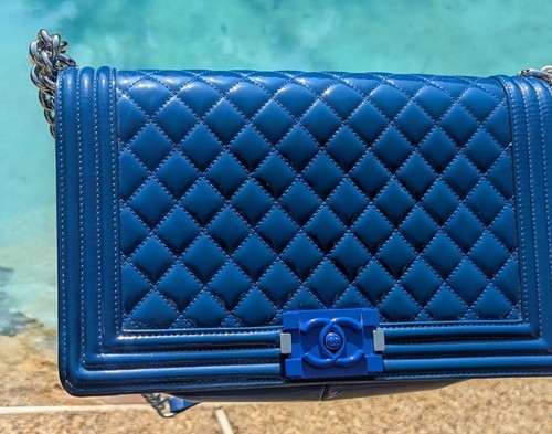 CHANEL Boy Bag Blue Quilted Patent Leather Plexiglass CC Clasp SHW