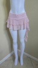 Vintage Style Pink Lace Ruffle Skirt Bow Accent Asymmetric Hem Coquette