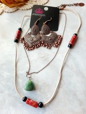 ZAD African Trade Bead & Jade Necklace, NWT Paparazzi Copper Tribal Earrings