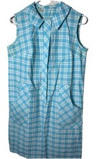 Vtg 60s Blue Plaid Sleeveless Sheath House Dress-Bust 36  Lightweight EUC