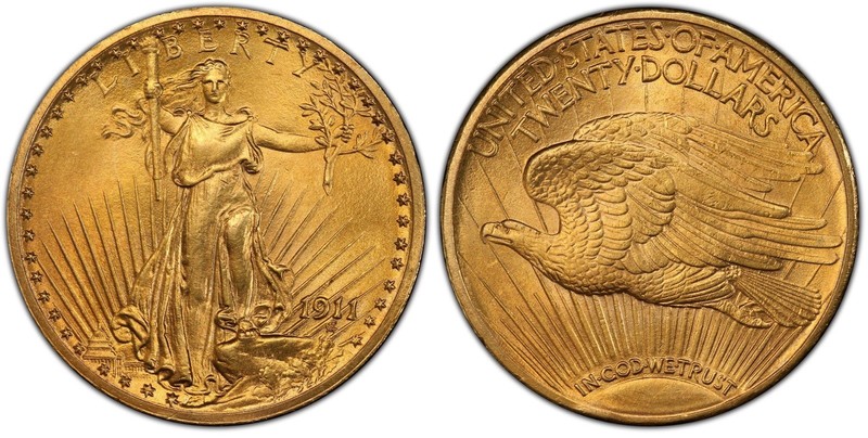 1911 $20 Saint-Gaudens Double Eagle Gold PCGS MS65