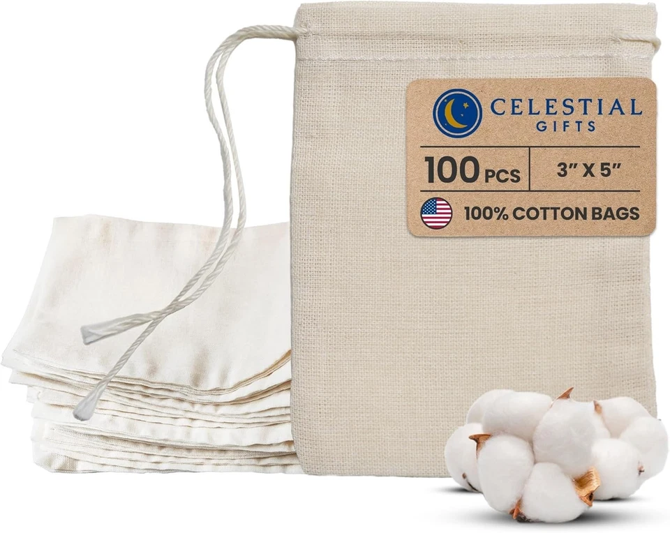 Small Reusable Muslin Bags - 3x5 Inch - Pack of 100 - Cotton - Image 3 of 4