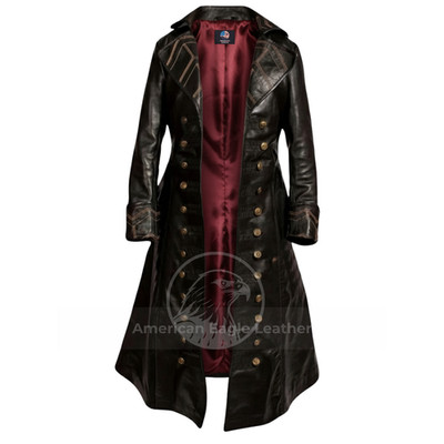 Mens Black Leather Long Trench Coat Captain Hook Pirate Halloween Costume Jacket
