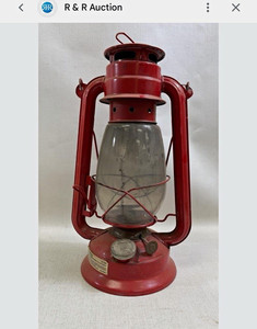 Red Metal Oil Lantern w/ Glass Globe, Hanging Handle, Incandescent 1-3 Lights