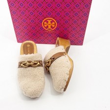 Tory Burch Jessa Shearling Clog Buttermilk Royal Tan Wooden Mules women 7.5 NWT