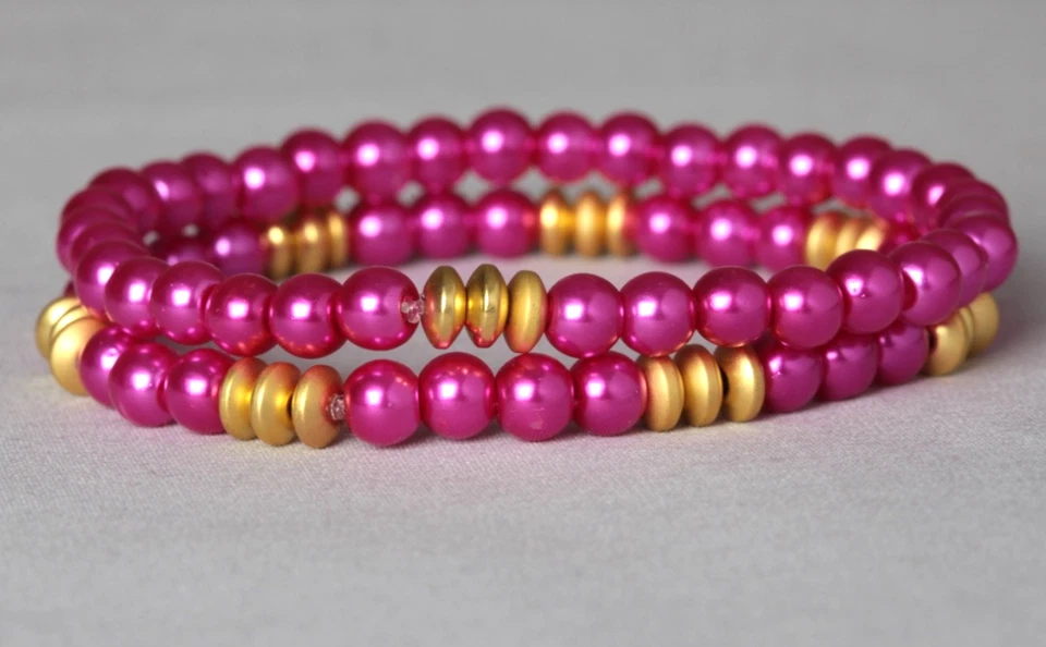 X2 ARMBAND SET FUSIA ROSA GLAS PERAL & GOLD BESCHICHTETER HÄMATIT ~ 7" (18CM)